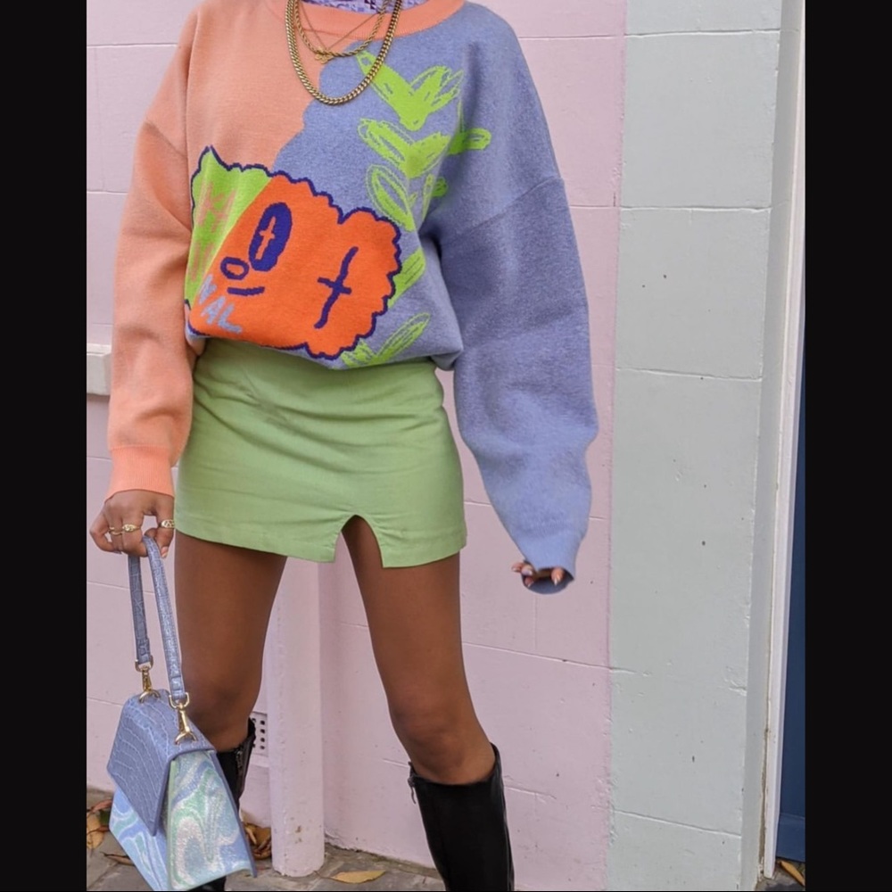 TAKA ORIGINAL Orange & Purple Neon Green Unisex Knit Jumper Sweater Casual Sz L
